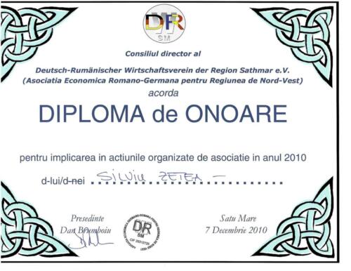 Asociația Economică Româno-Germană pentru Regiunea de Nord-Vest – Diplomă de Onoare